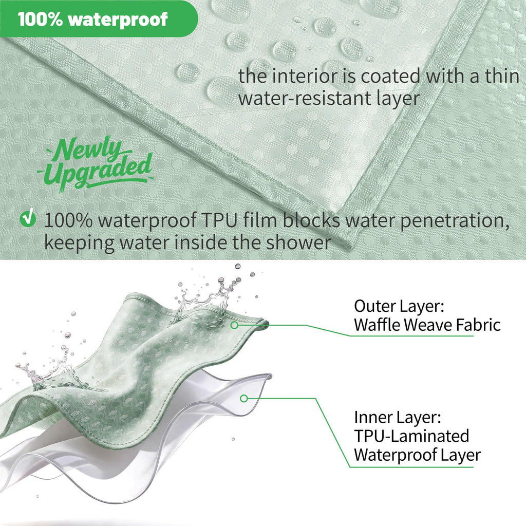 No Hook Waffle Shower Curtain, No Liner Needed, 71x80 Inch, Mint Green