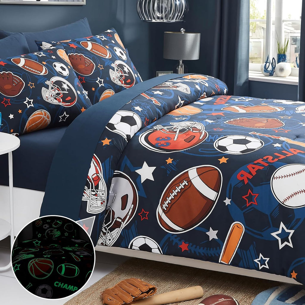 Twin Comforter Set for Boys-5 Pieces Sports Ball Games Glow in the Dark Twin Bedding Sets for Kids, Soft Bed in A Bag