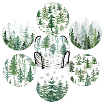 6 Pcs Christmas Coasters Cup Mat with Metal Holder Watercolor Cedar Pine Forest Ceramic Drink Coasters for Xmas