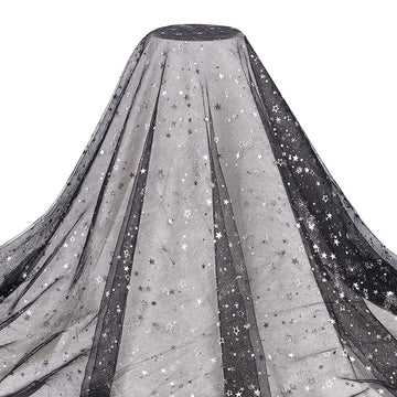 3Yard Black Sequins Star Lace Fabric, 59" Silver Stamping Star Mesh Lace Fabric for DIY Handmade Clothing Wedding