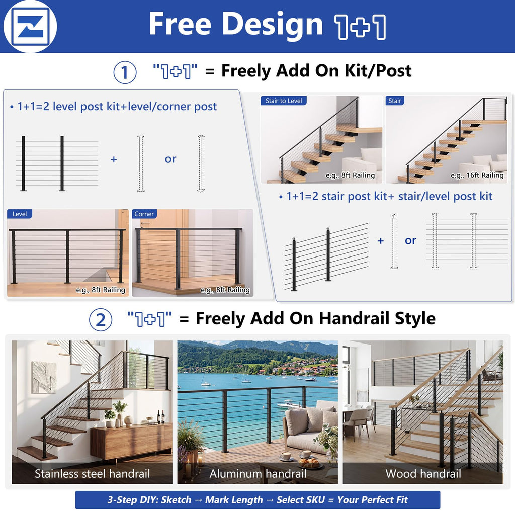 36" Modular 12-16FT Cable Railing Post Kit for Deck Surface Mount