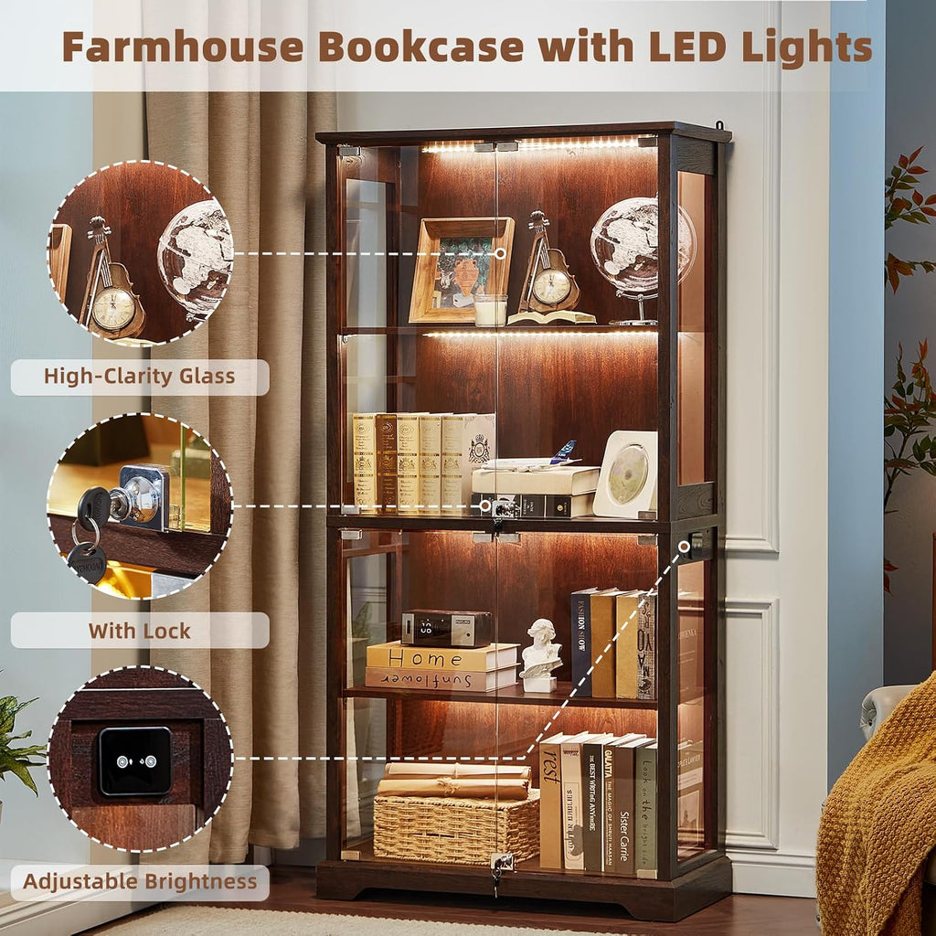 Farmhouse Glass Display Cabinet with Lock, Walnut | Wooden Curio Cabinets with Glass Doors, 3-Color Motion-Sensor