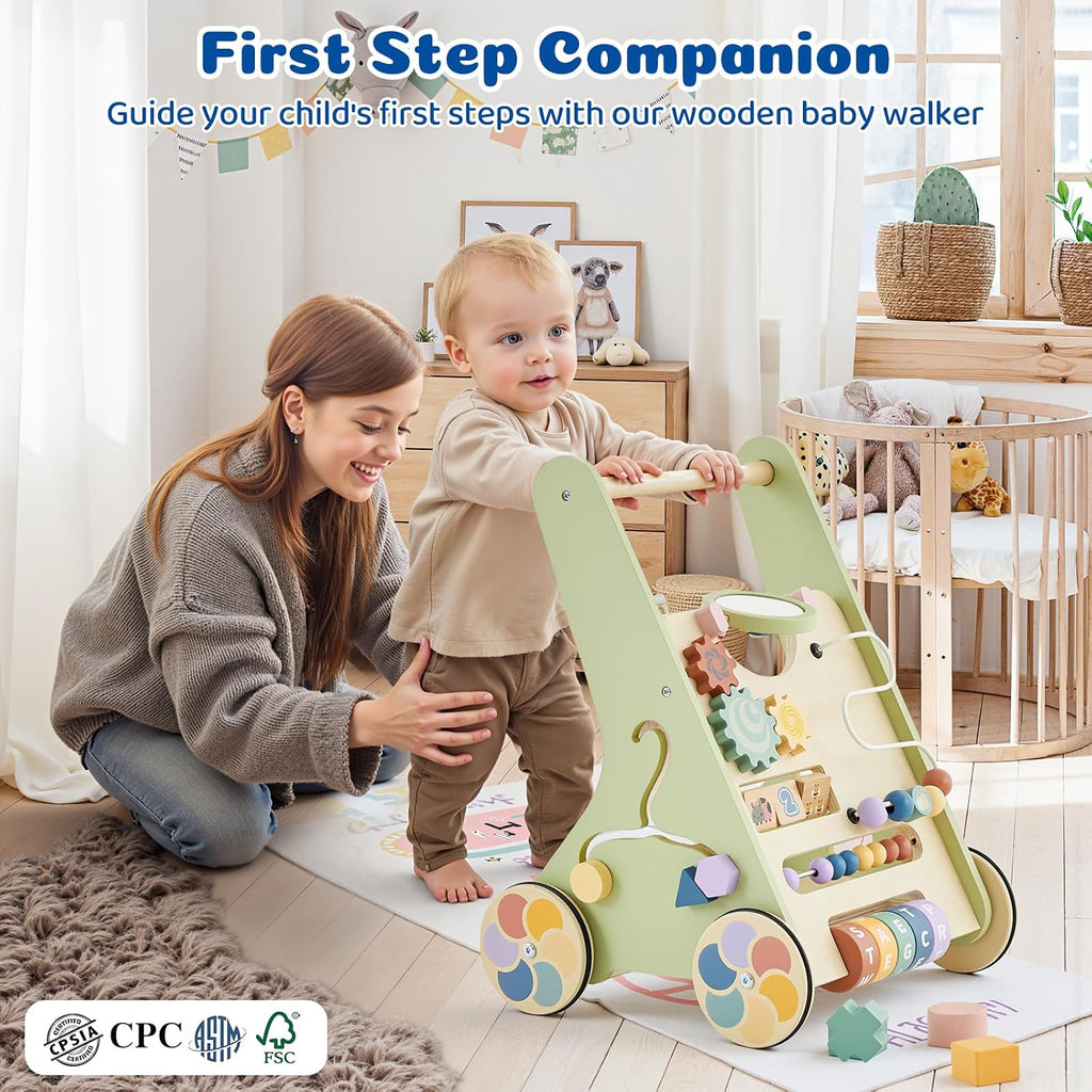 Wooden Baby Walker with Adjustable Wheels, in-1 Montessori Push Walker