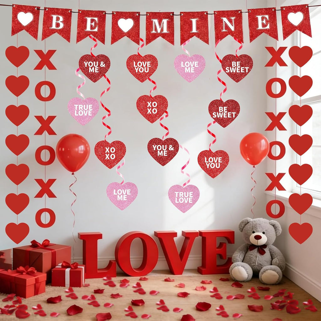 Valentine's Day Decorations Set BE MINE Banner Love Heart XO Garlands Rose Petals for Valentines Wedding Anniversary