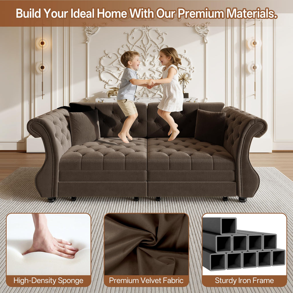 Sleeper Sofa Bed 83.6", Velvet Pull Out Couch, Chesterfield Sofa, Brown