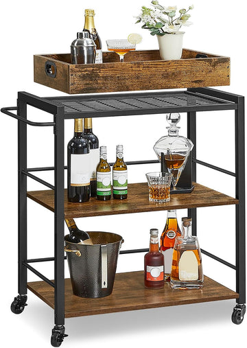 Kitchen Serving Cart with Removable Tray, 3-Tier Kitchen Utility Cart on Wheels with Storage, with Brakes, Leveling
