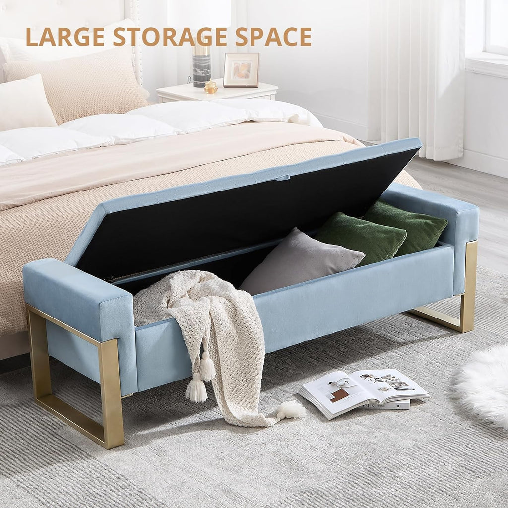 67'' End of Bed Storage Bench, Storage Ottoman Bench King Size, Modern Velvet Bed Benches for Foot of Beds with Gold