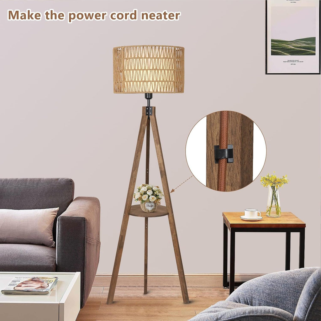 Boho Tripod Floor Lamps, Rattan Wood Floor Lamp with Fabric Shades, Mid Century Standing Lamp with Shelf, Foot Switch