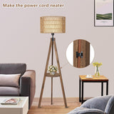 Boho Tripod Floor Lamps, Rattan Wood Floor Lamp with Fabric Shades, Mid Century Standing Lamp with Shelf, Foot Switch