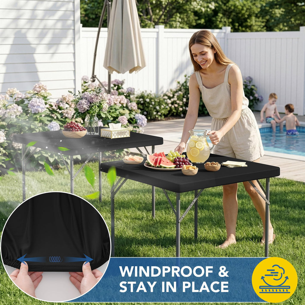 Card Table Covers Square Fitted Elastic Table Cloth-2 Pack Black 42x42 Inch
