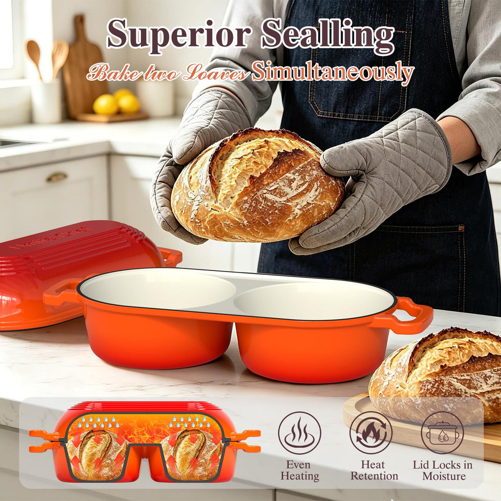 Complete Mini Double Dutch Oven Kit for Sourdough Bread - Enameled Cast Iron Bread Pan with Deep Dual Loaf Pots