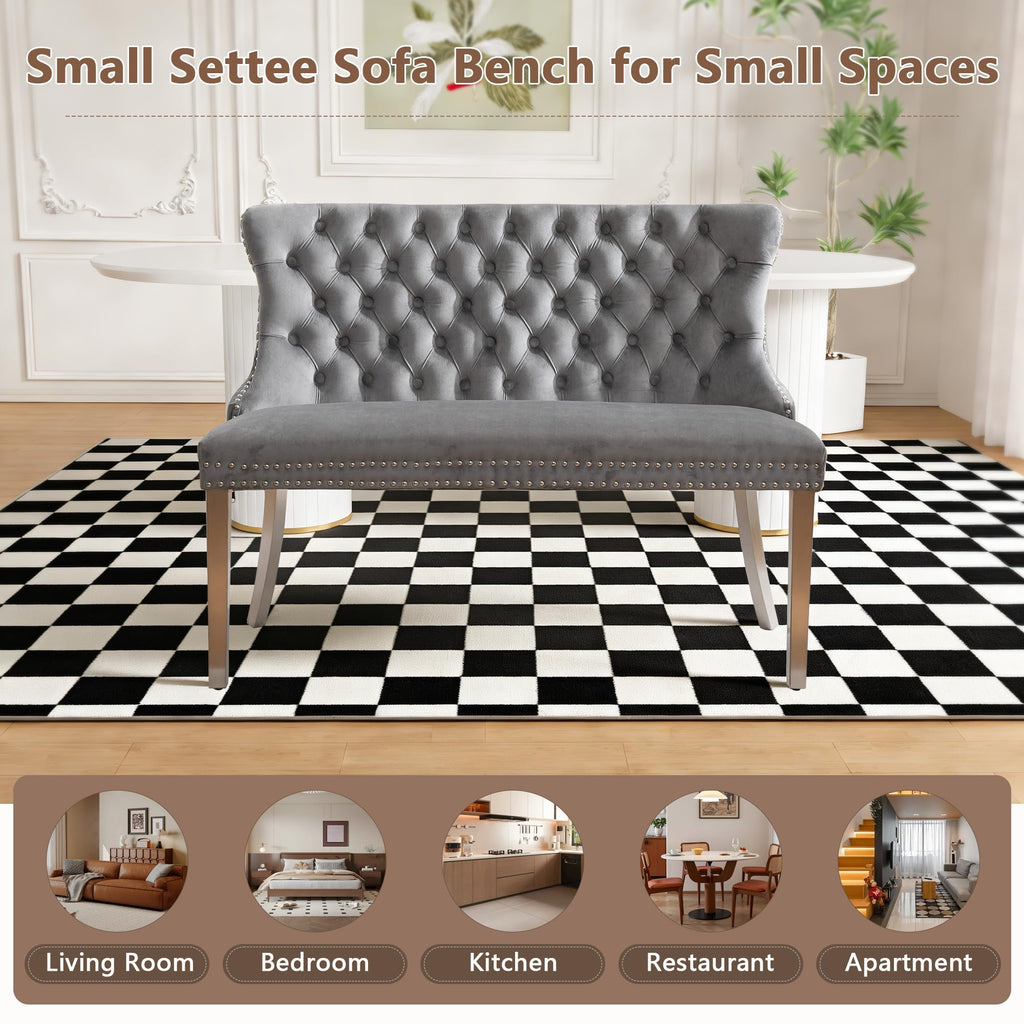 Luxury Settee Dining Bench with Back, Velvet Upholstered Banquette Benches with Nailhead Trim, Button Tufted Small