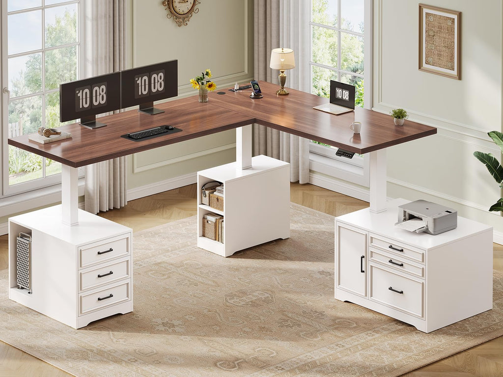 Farmhouse L Shaped Electric Standing Desk with File Cabinet, 77 x 55'' Height Adjustable Home Office Computer Desk
