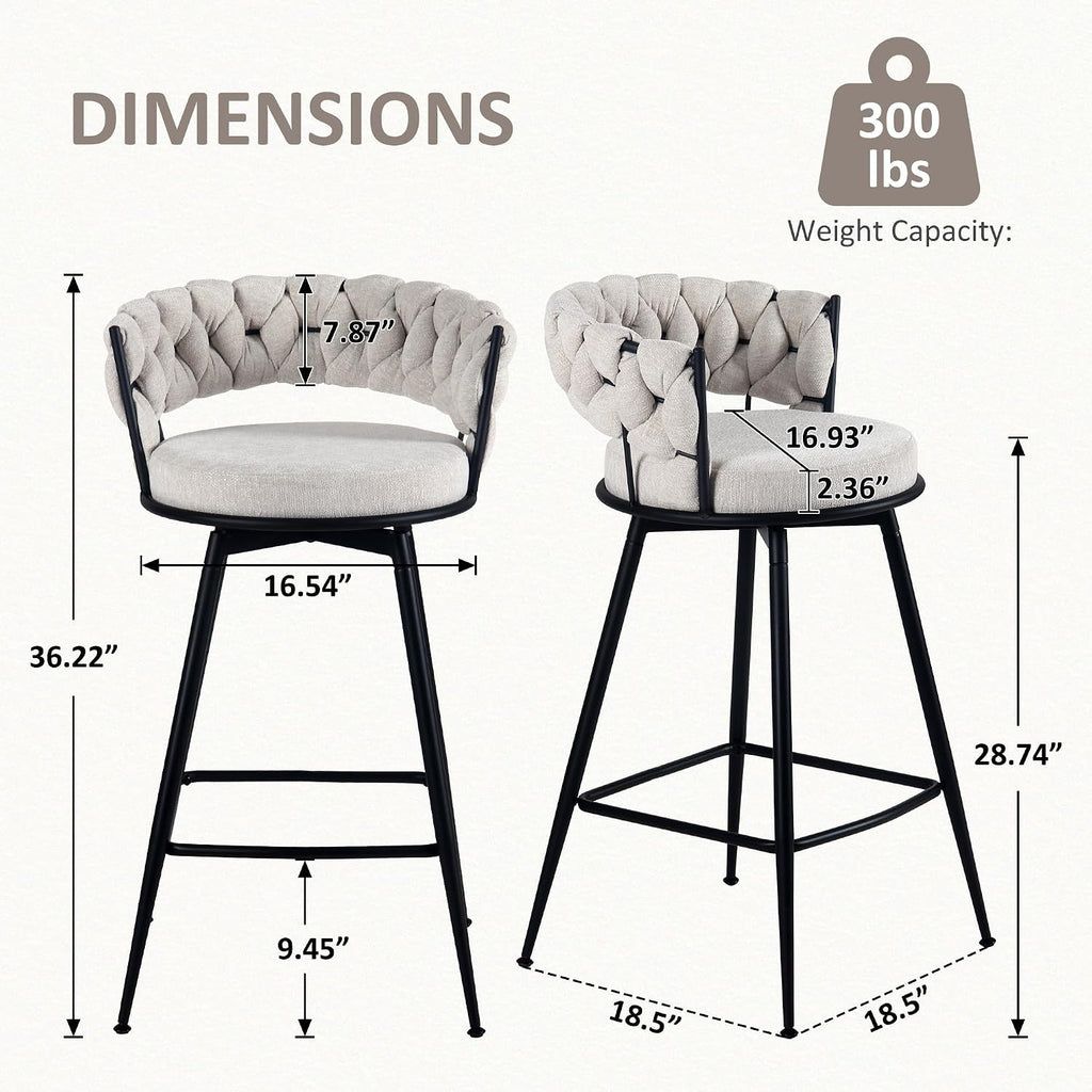 Bar Stools Set of 2, 28.7 inch Seat Height Bar Chairs, 360° Swivel Counter Height Barstools with Woven Back and Arm