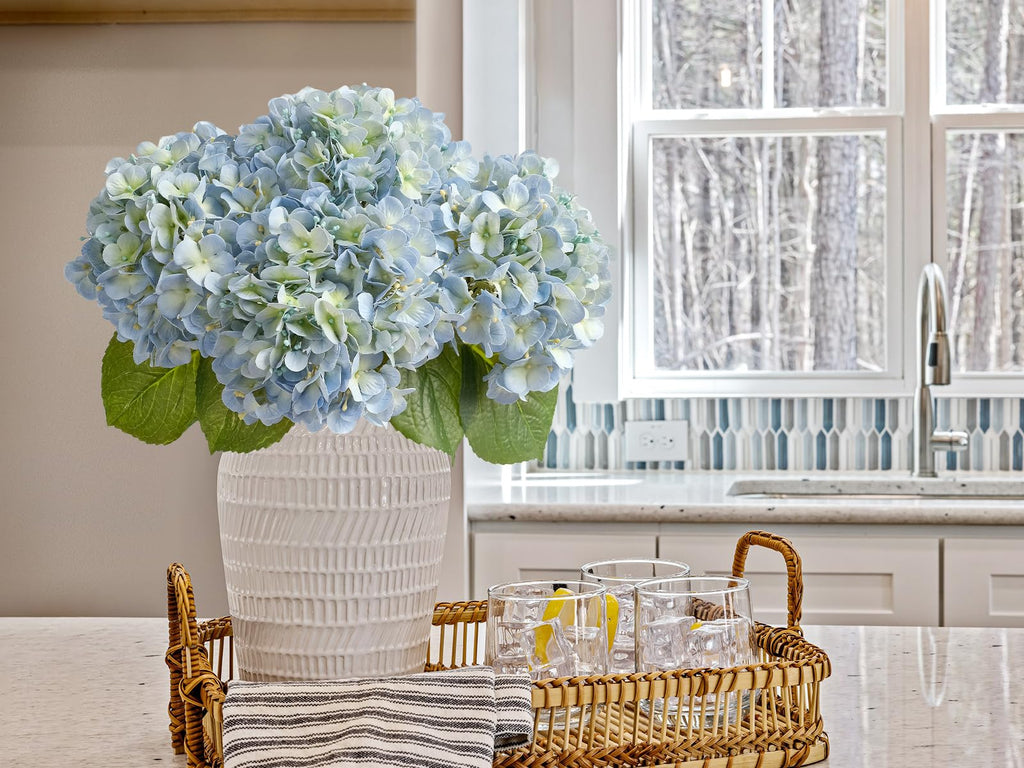 20" 4PCS Artificial Light Blue Large Faux Latex Real Touch Fake Hydrangeas Silk Bouquet with Leaves Stems for Family