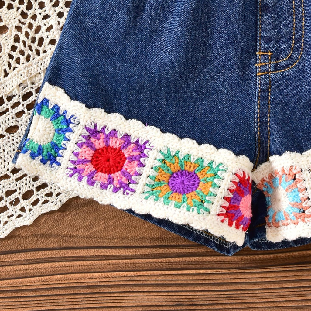 Toddler Girls Ruffle Crochet Tops Denim Shorts Set