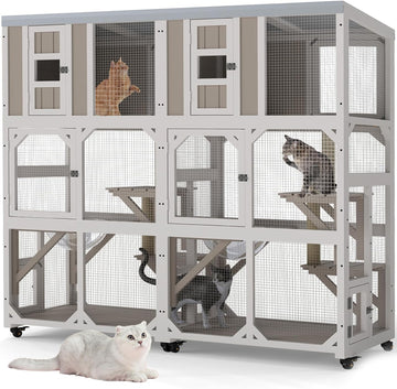 Large Wooden Window Catio Outdoor Cat Enclosure on Wheels