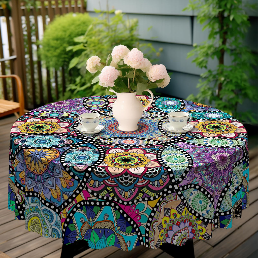 Boho Round Tablecloth, 70inch Bohemia Stain-Resistant Table Cover