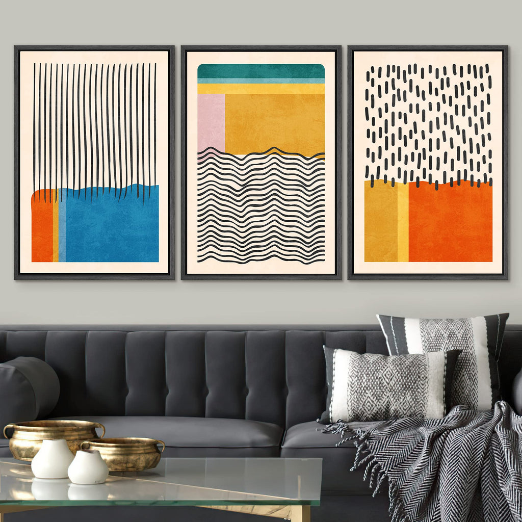 Framed Canvas Print Wall Art Set Mid-Century Vibrant Color Block Collage Abstract Geometric Illustrations Graffiti &