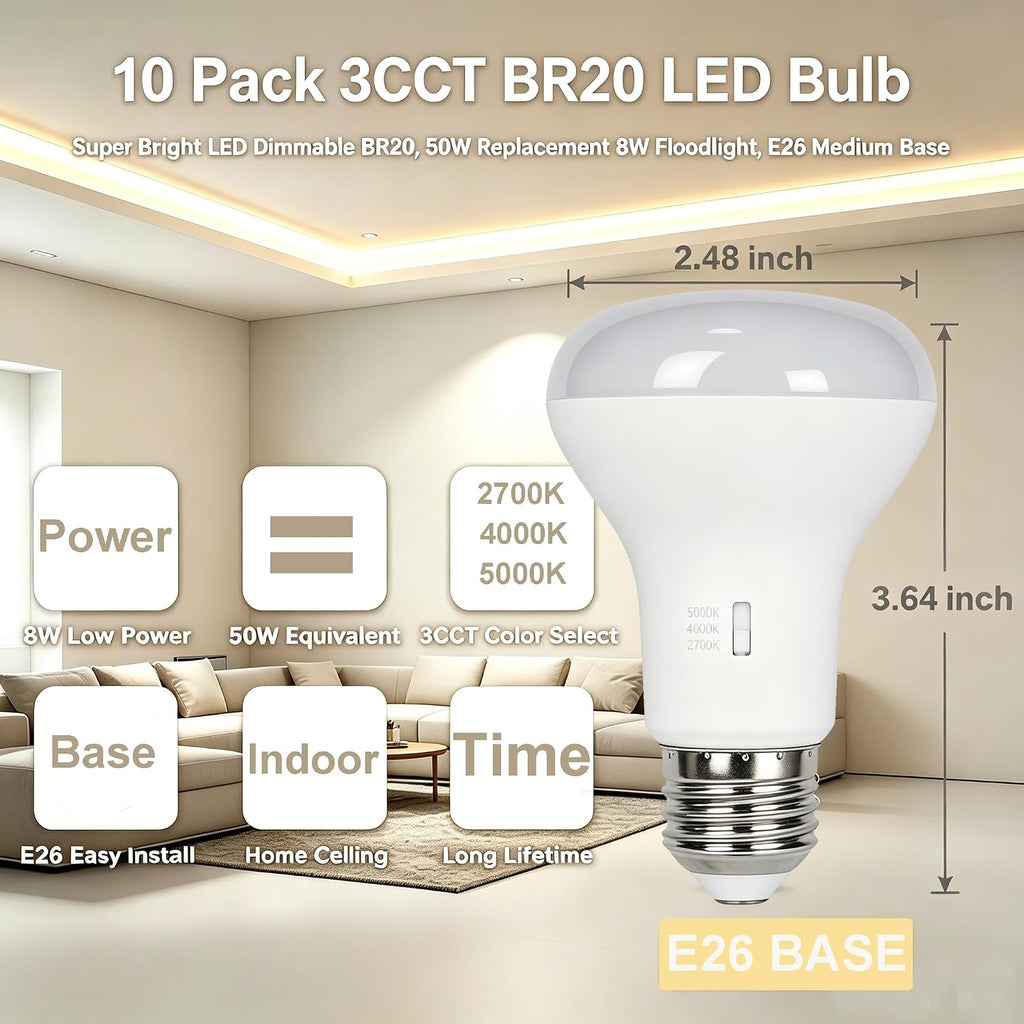10 Pack 3CCT BR20 LED Bulb, Warm White 2700K LED Dimmable 4000K 5000K BR20 50 Watt 60W Replacement 8W Floodlight LED