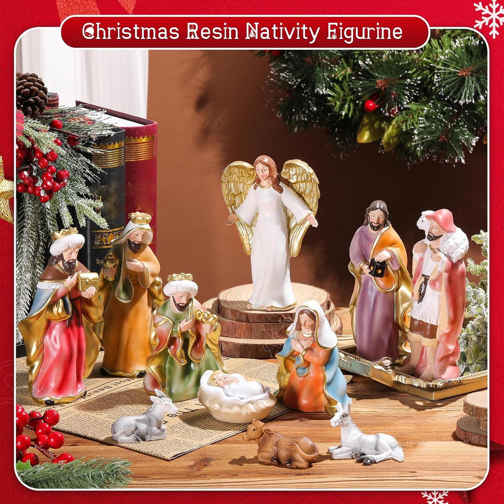 11 Pcs Christmas Nativity Gift Set Resin Nativity Scene Figurine Set 7 Holy Family Statue for Indoor Decoration Jesus