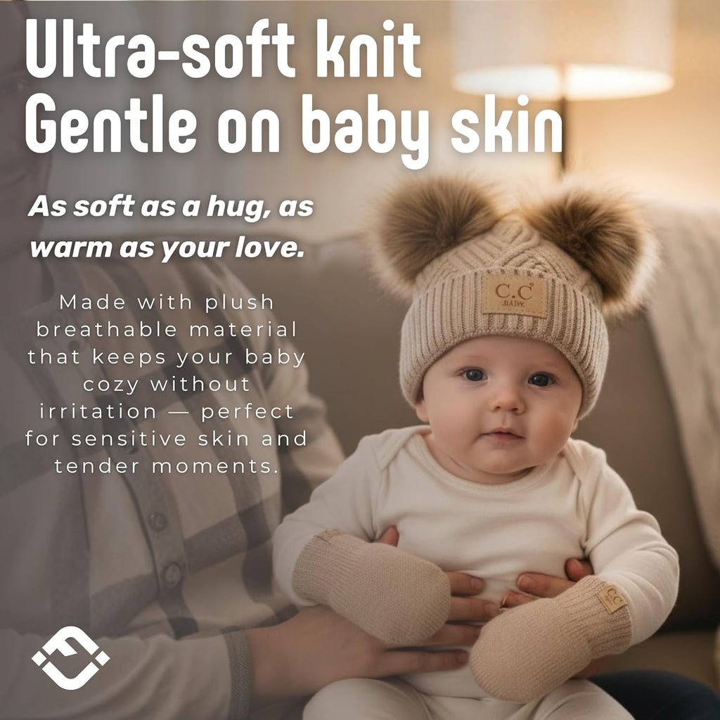 Baby Double Faux Fur Pom Pom Beanie & Mittens Set - Infant Winter Hat with Soft Lined Mittens