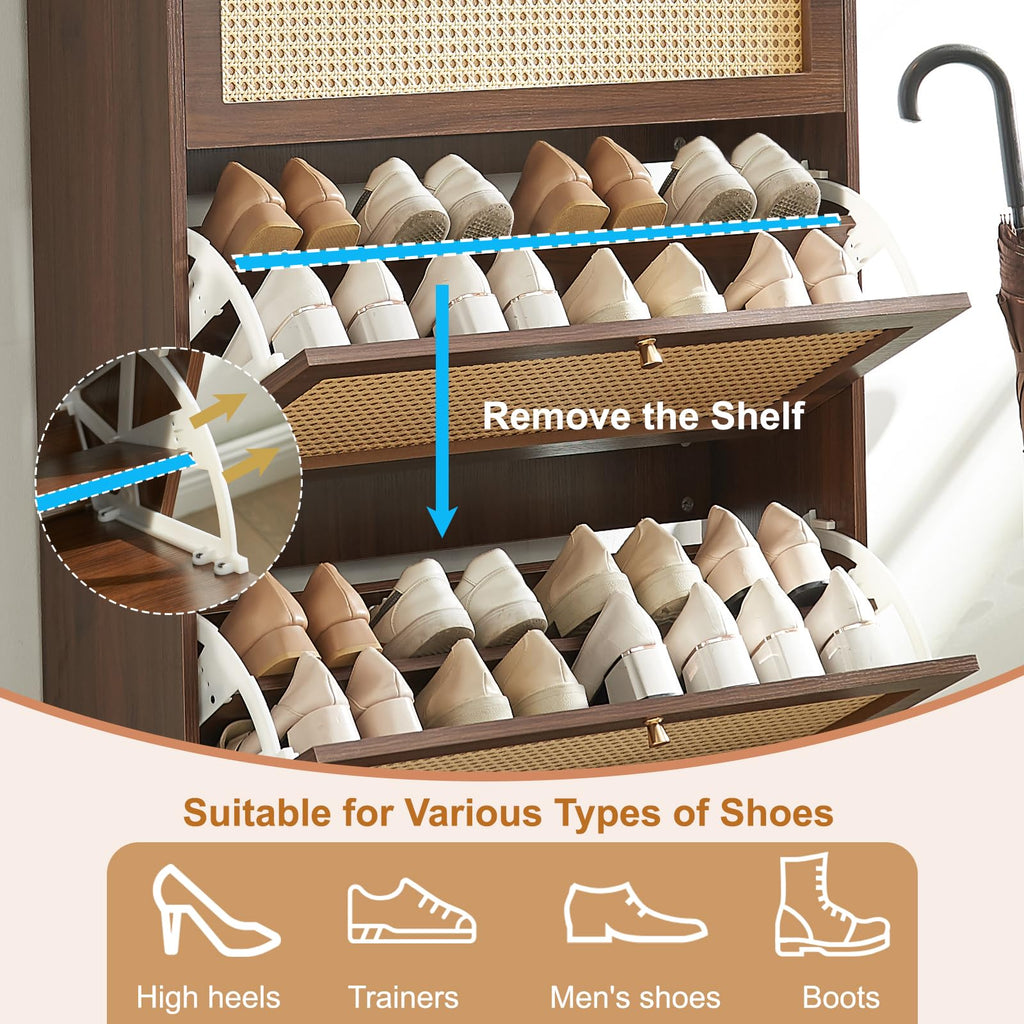 Rattan Shoe Cabinet with 3 Flip Drawers, Walnut Slim Shoe Storage