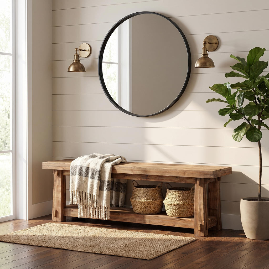 55" Wood Entryway Bench with Shoe Storage, Rustic Dining Bench