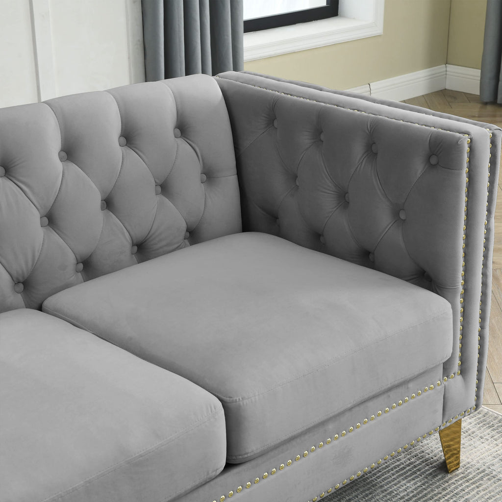 82.2" Tufted Velvet Corner Sofa, 5 Seat L-Shaped Sectional Couch, Buttons Tufted Square Arm Couch Apartment, Gray