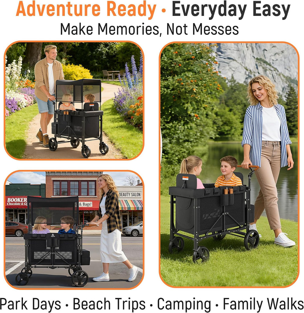 Wagon Stroller for 2 Kids with Canopy & Removable Seat Pads