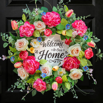 Spring Wreaths for Front Door Outside- 24 Inch Spring Door Wreath with Pink Magnolia and Anemone Floral Wreath with