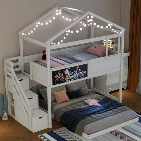 Wood Twin Over Full House Bunk Bed with Ladder, Solid Pine Wood Bunk Bed Frame with Safety Guardrails