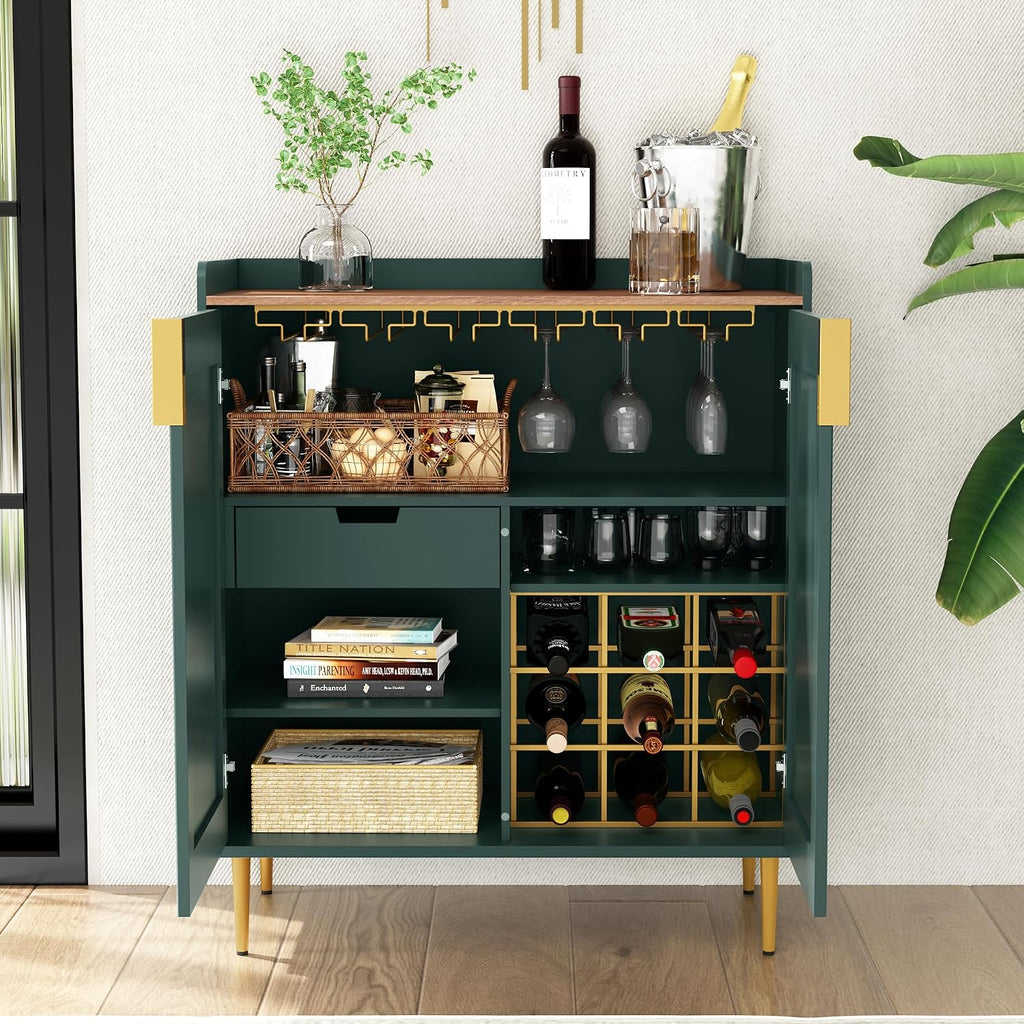 Coffee Bar Cabinet with Wine Racks & Drawer, Green | Liquor Cabinet with Fluted Texture, Modern Sideboard Buffet