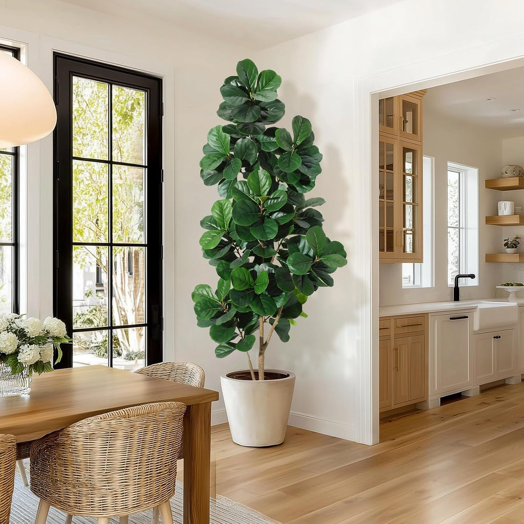 7 ft Fiddle Leaf Fig Tree Artificial with 141 Leaves - Realistic Faux Ficus Lyrata Trees in 9 in White Planter Pot