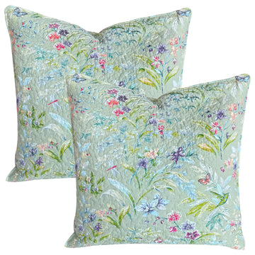 Botanical Pattern Euro Pillow Shams (26"x26"), Cotton Flower Bird Butterfly Quilted Floral Pillow Cases Extra Soft