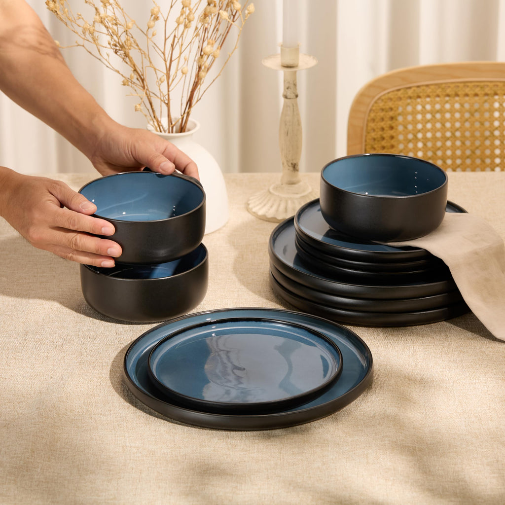 Dinnerware Set, 12 Piece Service for 4, Ceramic 10.5" Dinner Plates, 8.2" Salad Plates and 20 oz Bowls, Stoneware