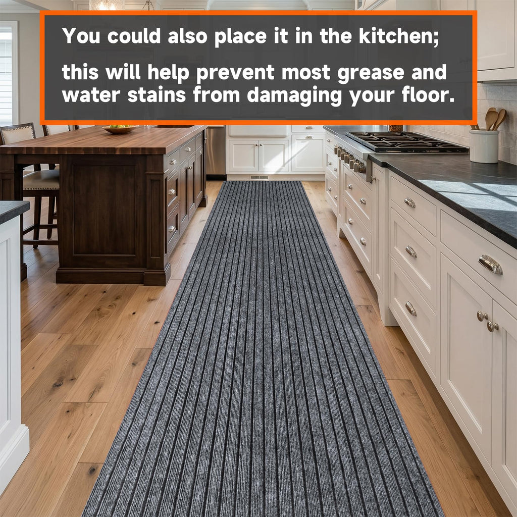 Indoor Outdoor Runner Rug, Gray Non Slip Rubber Backed Floor Runner, Low Profile Area Carpet, Balcony