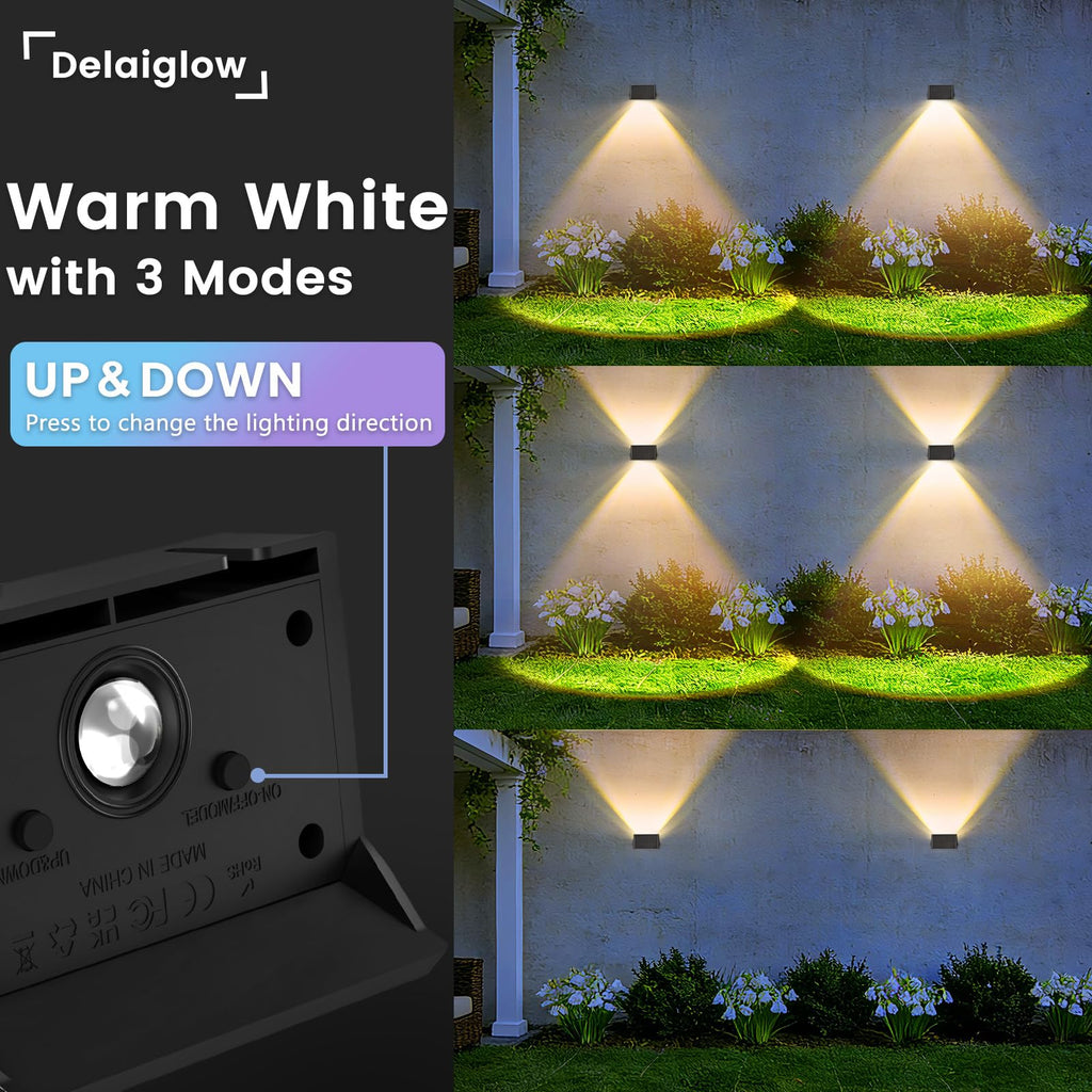 Solar Lights Outdoor Waterproof IP67, WarmWhite Solar Wall Lights Outdoor, Up and Down Fence Lights Solar Powered