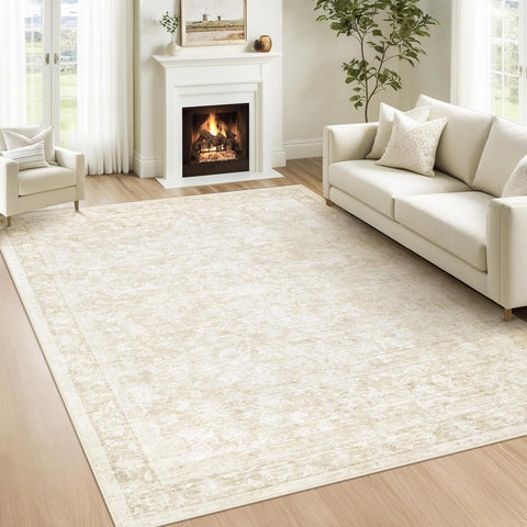 5x7 Washable Vintage Floral Area Rug, Low Pile Non-Slip Carpet for Bedroom Dining Room Beige
