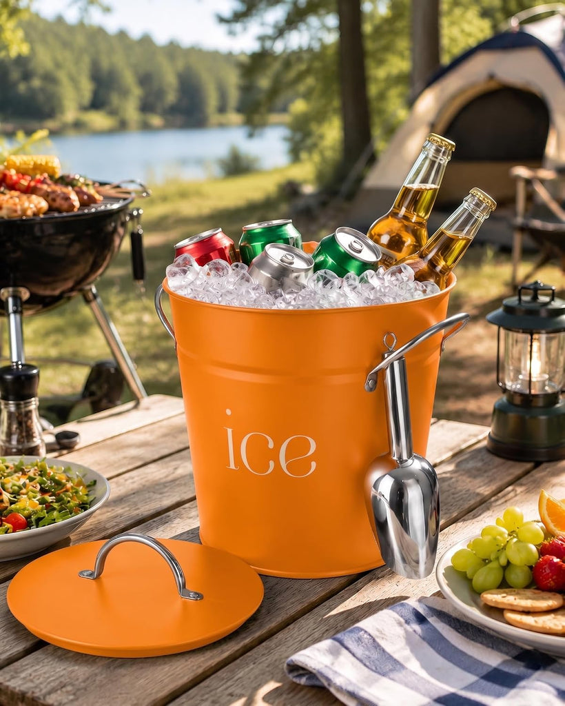 3 Qt Orange Galvanized Ice Bucket with Lid, Scoop and Handles, Insulated