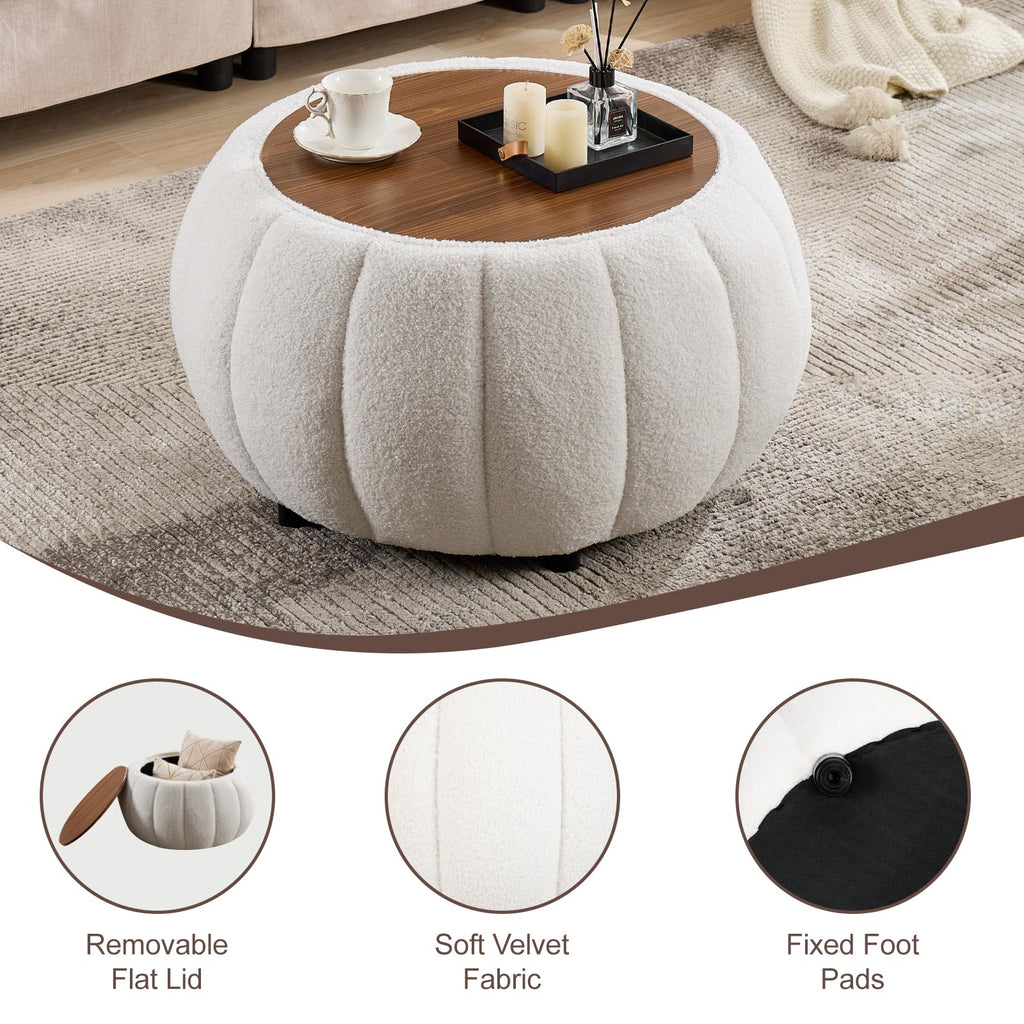 30 Inches Round Ottoman Coffee Table with Storage, Upholstered Ottoman in Boucle Teddy Fabric, Wooden Top As Tray