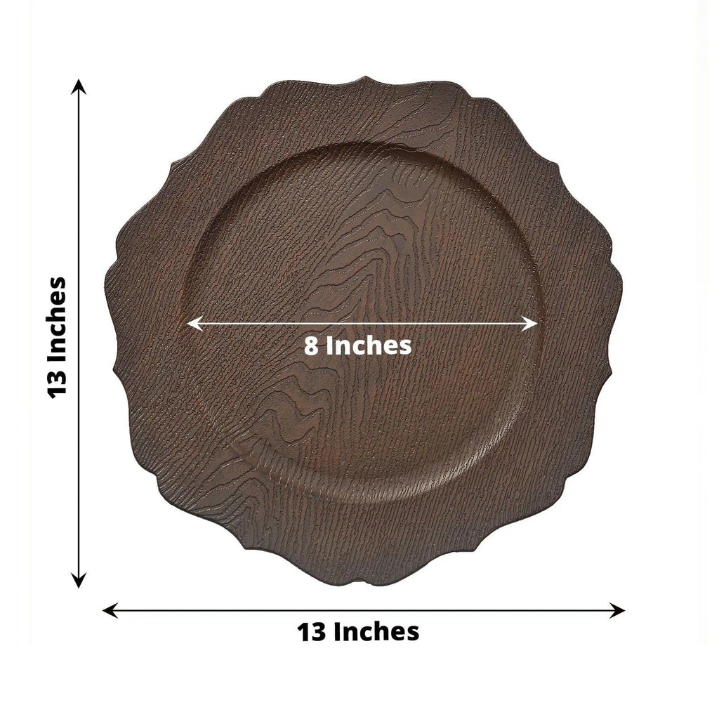 Rustic Brown 13 in Wooden Round Acrylic Charger Plates | 13-Inch Scalloped Trim Serving Dinnerware Set for Dinner