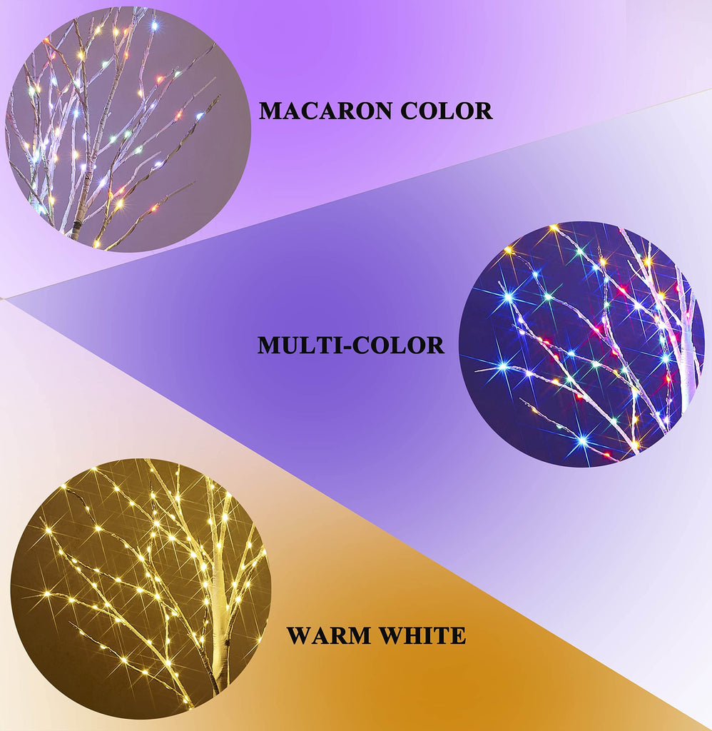Lighted Birch Tree with 200L Multi Color and Warm White Fairy Lights 8 Functions 4FT, White Twig Tree with Lights for
