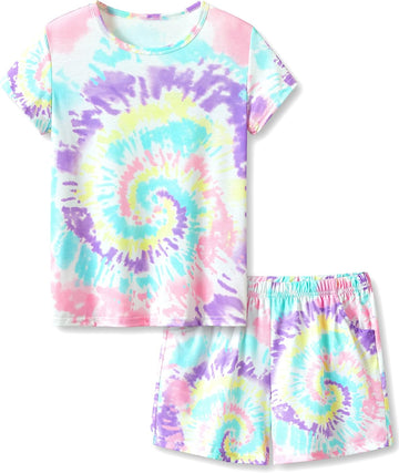 Girls Pajama Set Tie Dye Cute Prints Tee & Shorts
