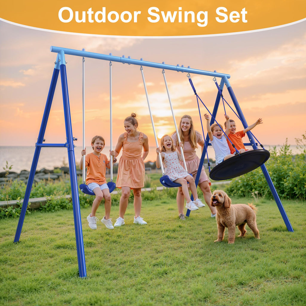 3 in 1 Swing Set for Backyard with Saucer, A-Frame Metal Outdoor Playset