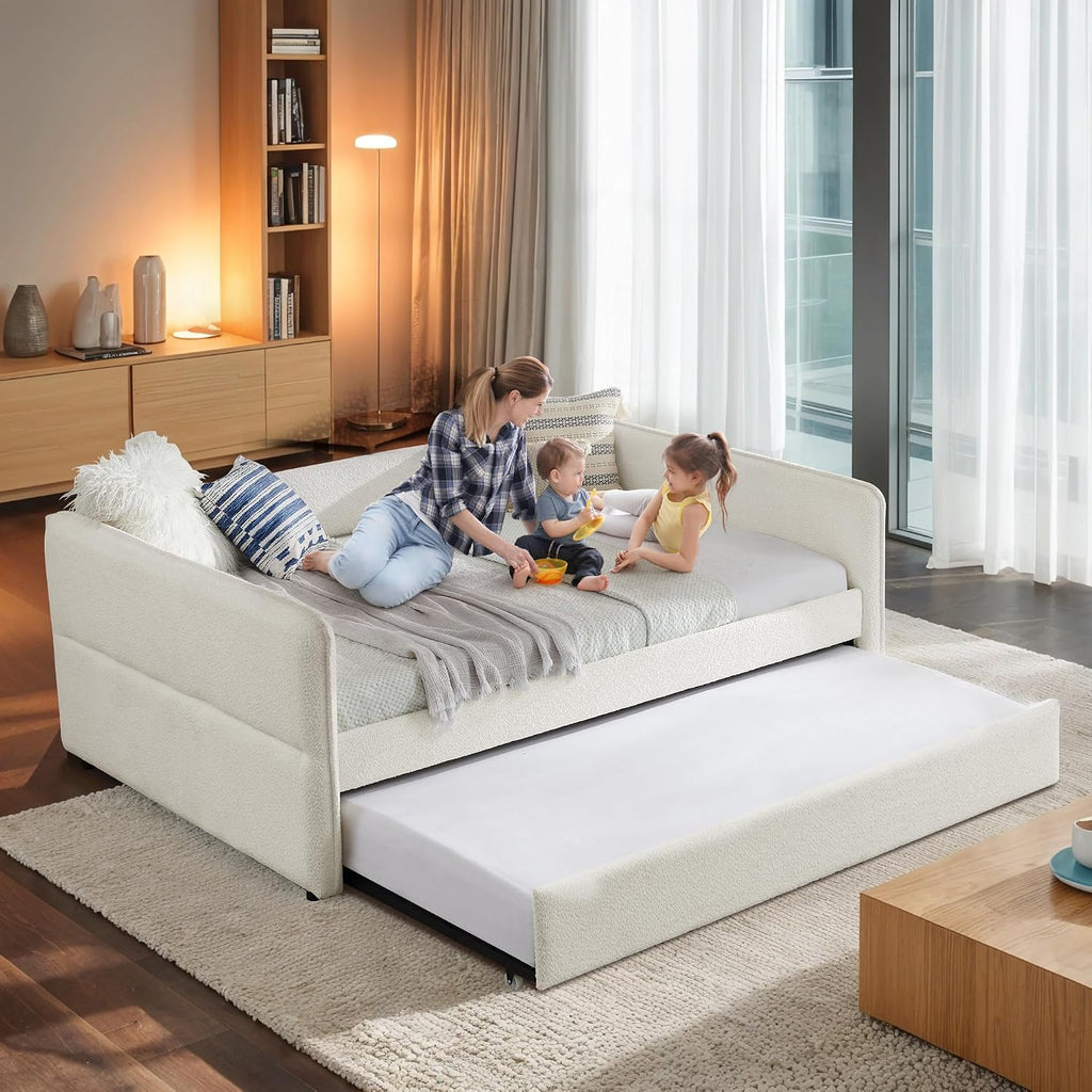 Full Size Daybed with Pop Up Trundle, Boucle Upholstered, Beige | Soft boucle daybed with twin pop-up trundle, padded
