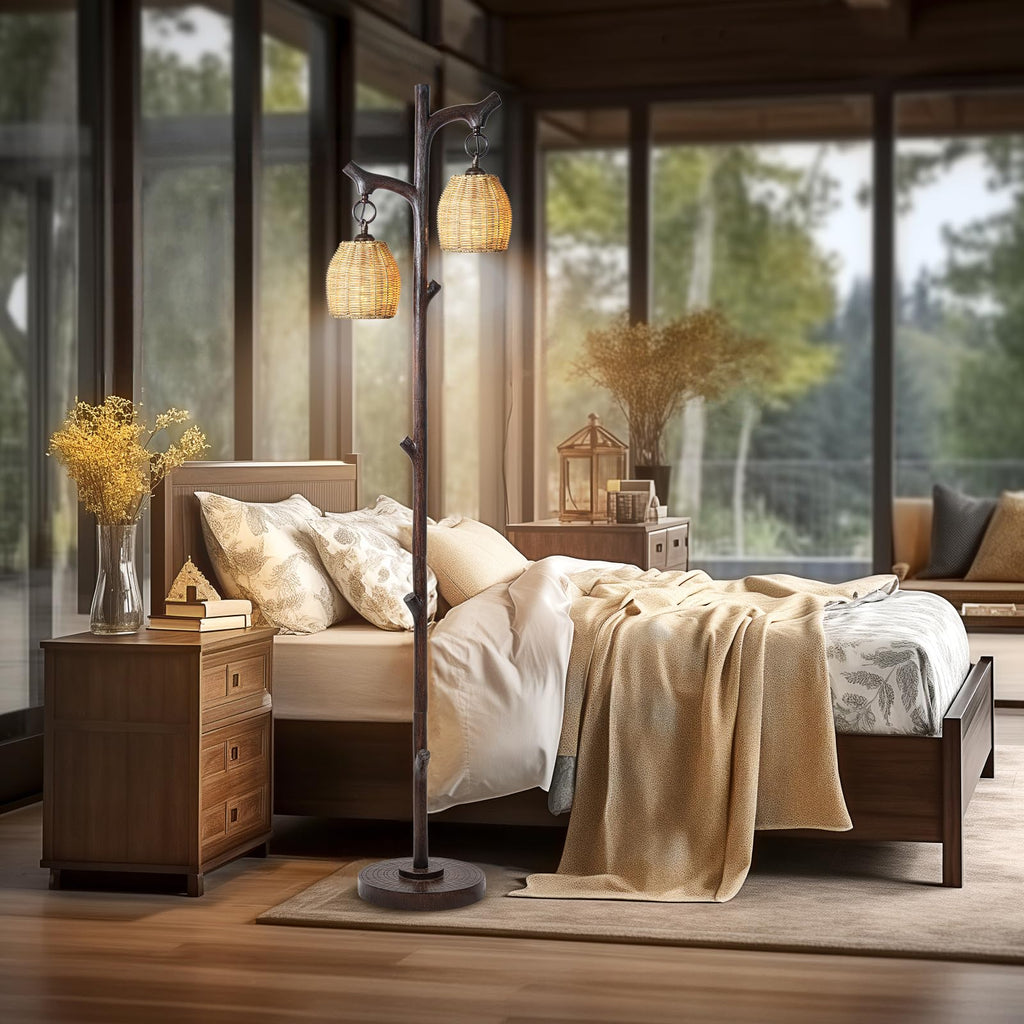 68" Tall Floor Lamp with Wicker Drum Shade, Foot Switch Dimming