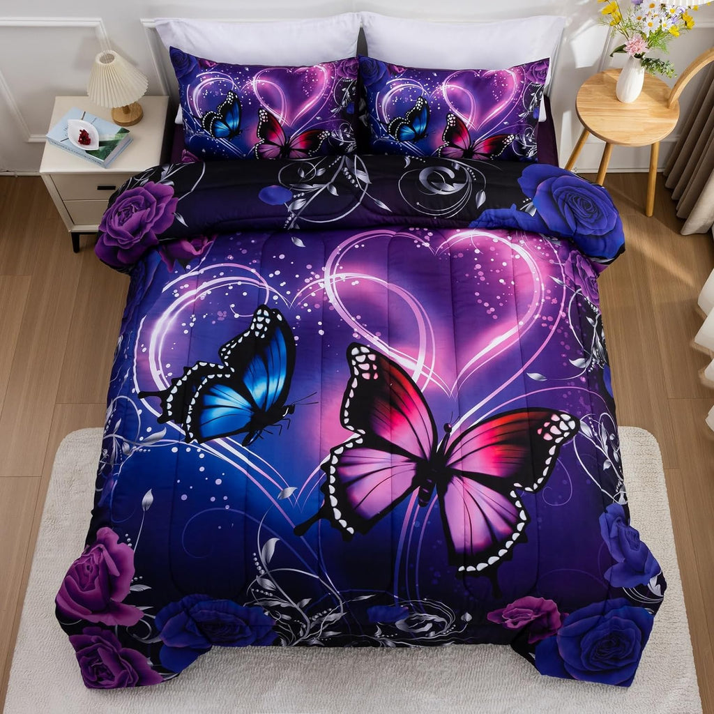 Galaxy 6pcs Bed in A Bag and Blue Dreamy 3D Butterfly Printed, Butterflies Bedding Twin Comforter Set, for Girls Kids