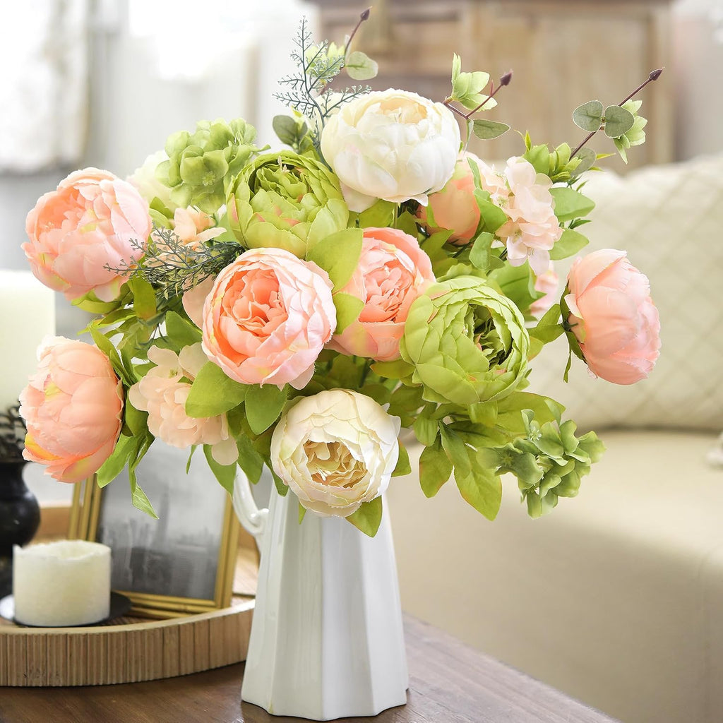 Artificial Peony Bouquet - Faux Silk Flowers Stems - Ready-to-Style Bouquets for Weddings, Home Decor - Set of 2