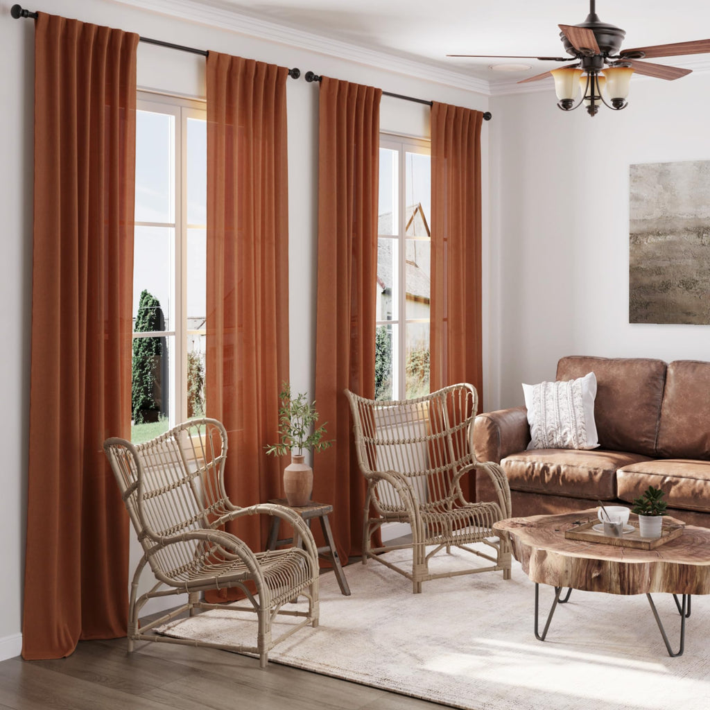 Terracotta Linen Curtains 63 Inches Length 2 Panels Back Tab Pocket Light Filtering Semi Sheer Drapes Cotton Linen